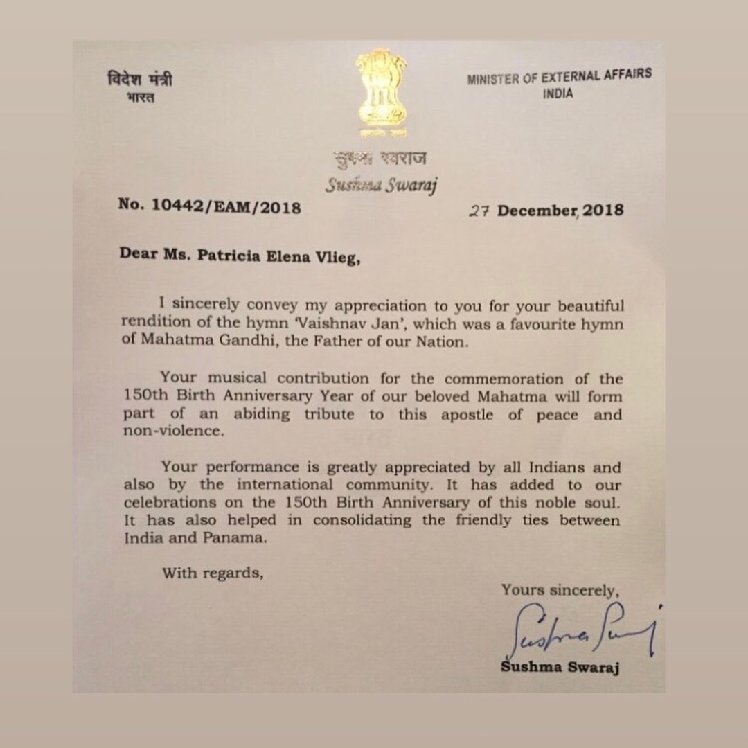 Letter of appreciation from India's Minister of External Affairs